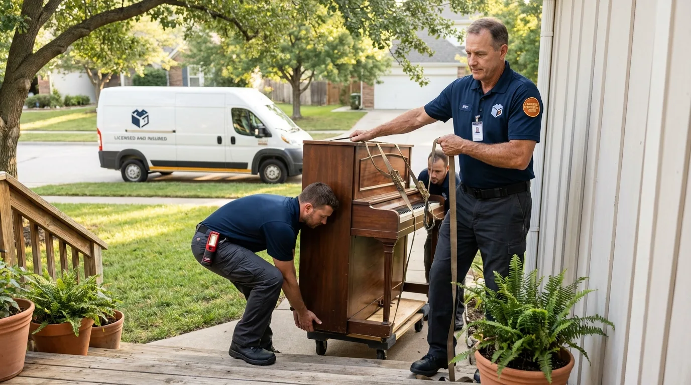 Licensed piano movers securing grand piano in Benton, IL