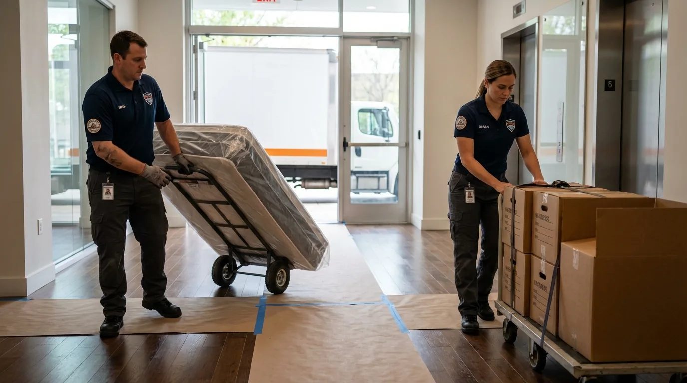 Professional apartment movers loading elevator in Benton, IL